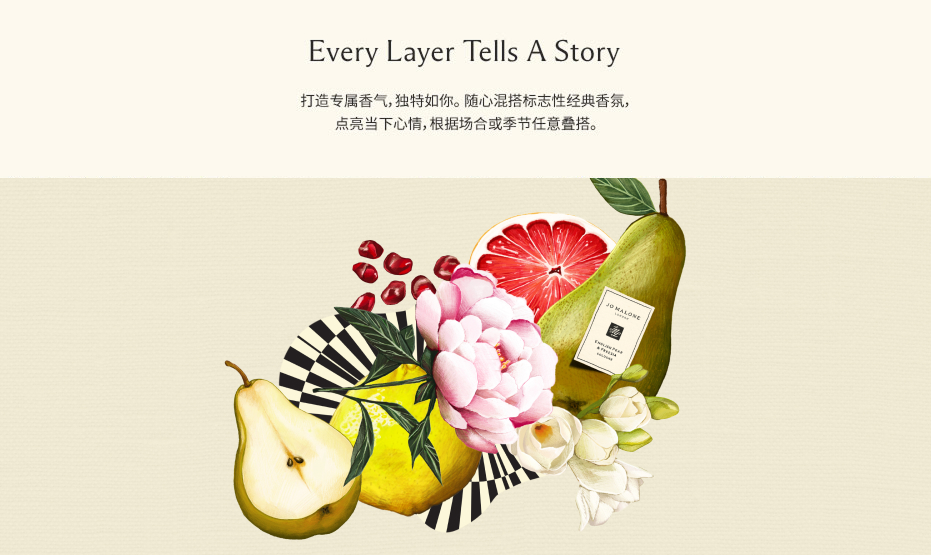 Every Layer Tells A Story 打造专属香气，独特如你。​ 随心混搭标志性经典香氛，点亮当下心情，​根据场合或季节任意叠搭。